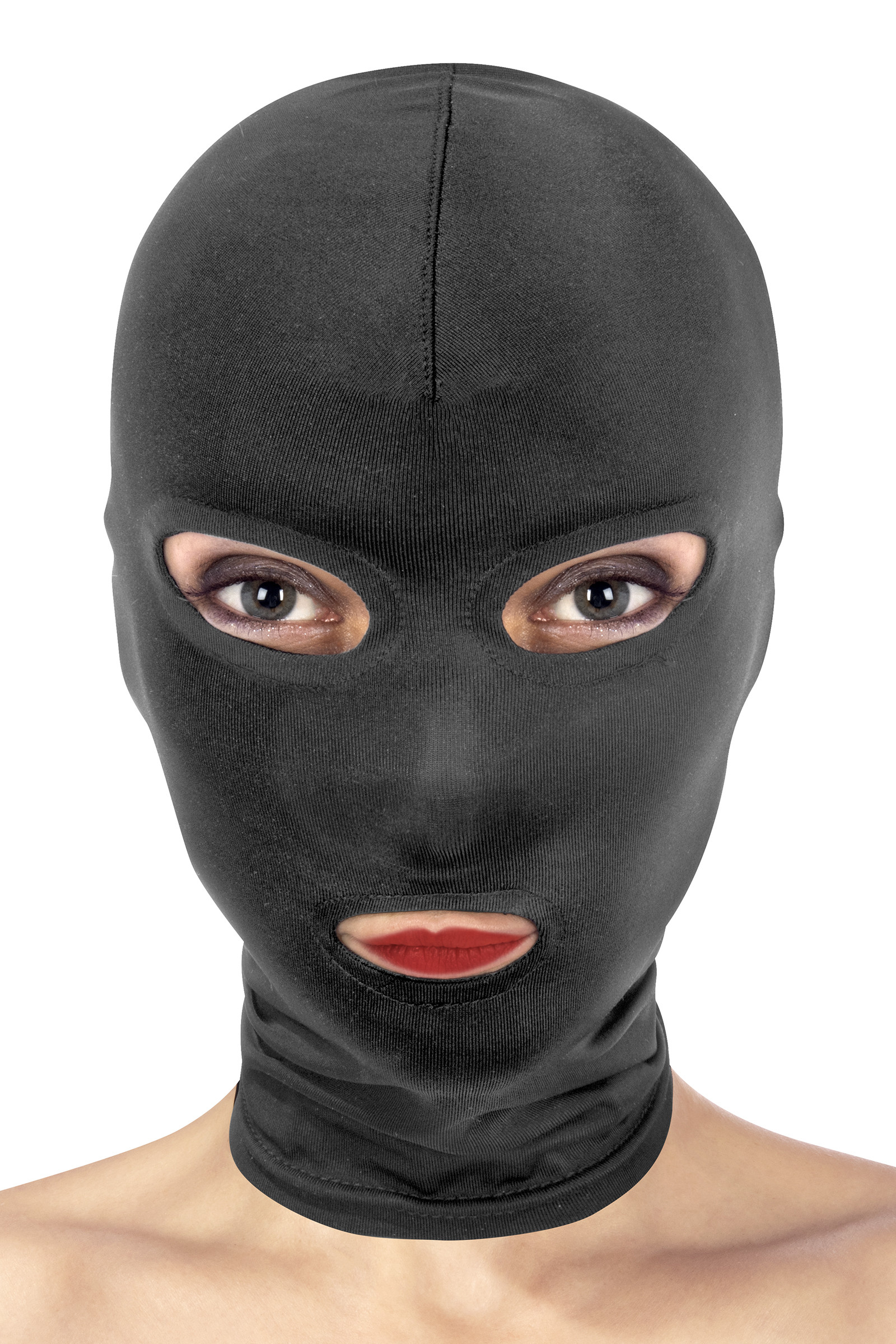 Cagoule bdsm yeux et bouche ouvert spandex noir - Image 1