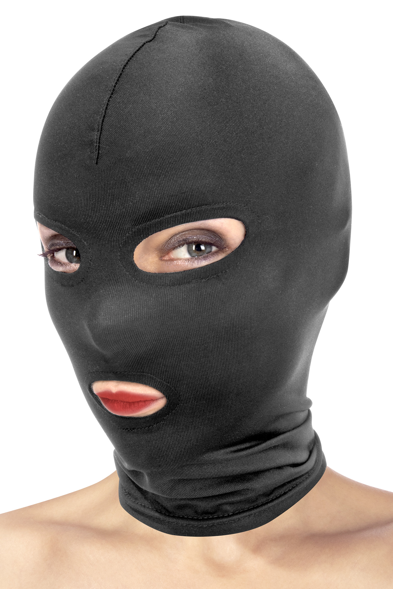 Cagoule bdsm yeux et bouche ouvert spandex noir - Miniature 3